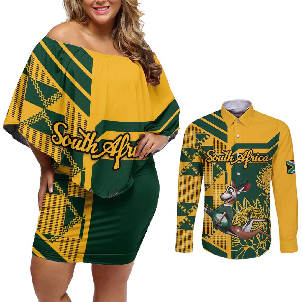 Custom South Africa Rugby Couples Matching Off Shoulder Short Dress and Long Sleeve Button Shirt Springboks With Protea Cynaroides - Wonder Print Shop