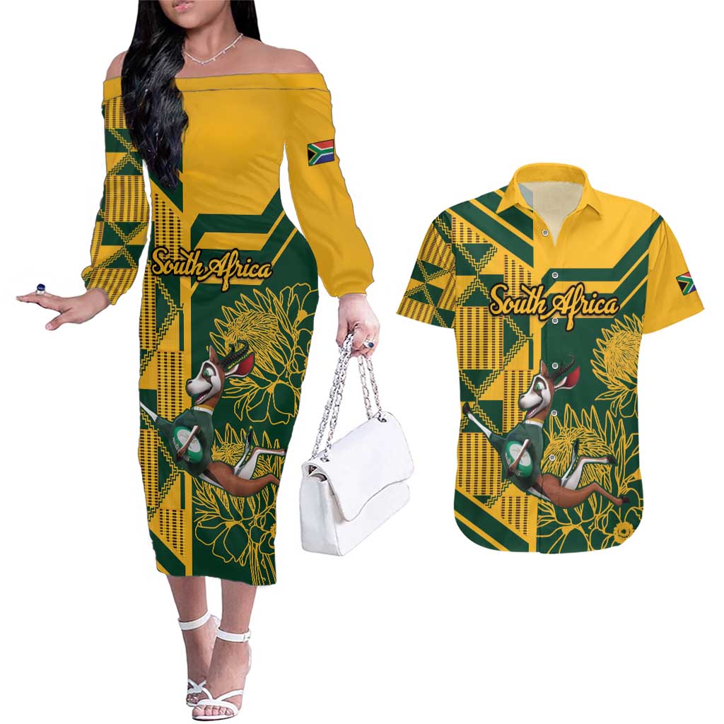 Custom South Africa Rugby Couples Matching Off The Shoulder Long Sleeve Dress and Hawaiian Shirt Springboks With Protea Cynaroides - Wonder Print Shop