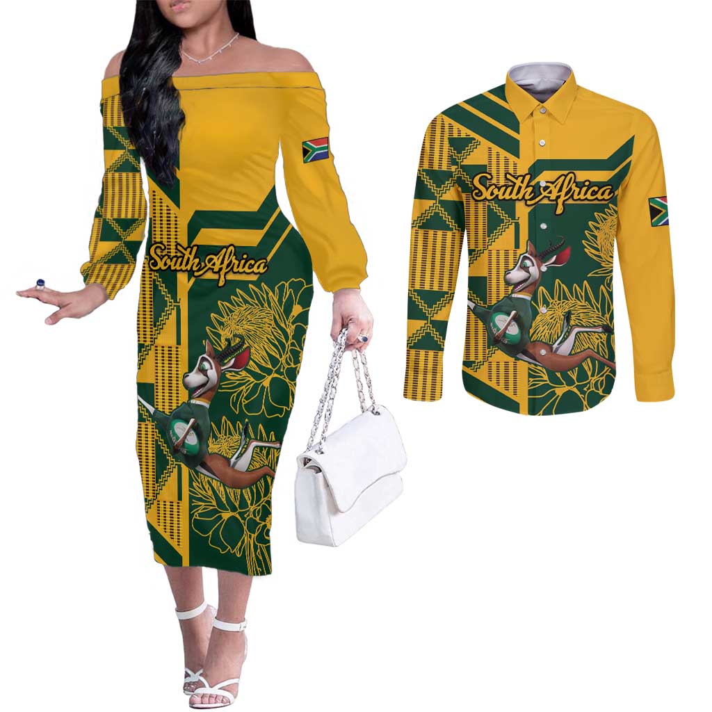 Custom South Africa Rugby Couples Matching Off The Shoulder Long Sleeve Dress and Long Sleeve Button Shirt Springboks With Protea Cynaroides