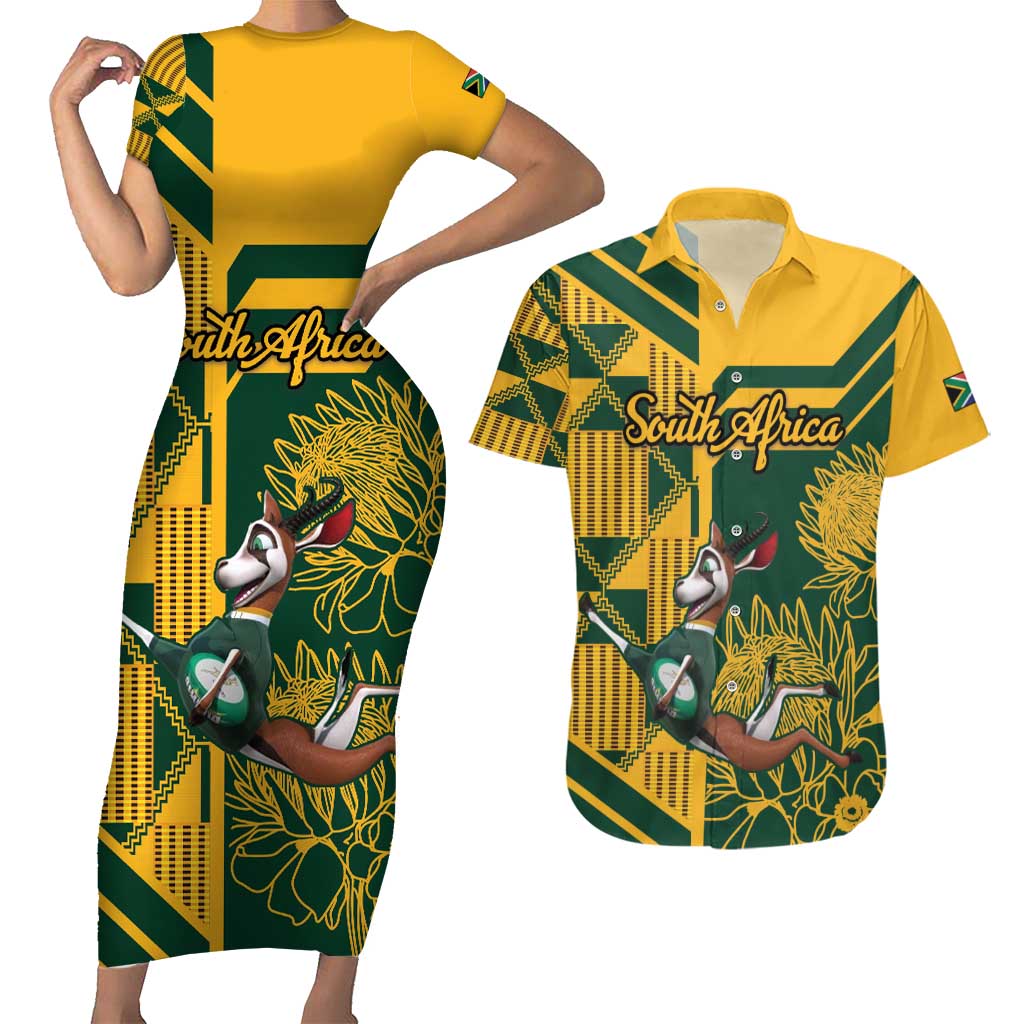 Custom South Africa Rugby Couples Matching Short Sleeve Bodycon Dress and Hawaiian Shirt Springboks With Protea Cynaroides - Wonder Print Shop