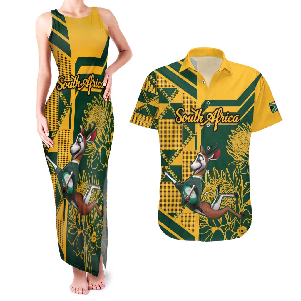 Custom South Africa Rugby Couples Matching Tank Maxi Dress and Hawaiian Shirt Springboks With Protea Cynaroides - Wonder Print Shop