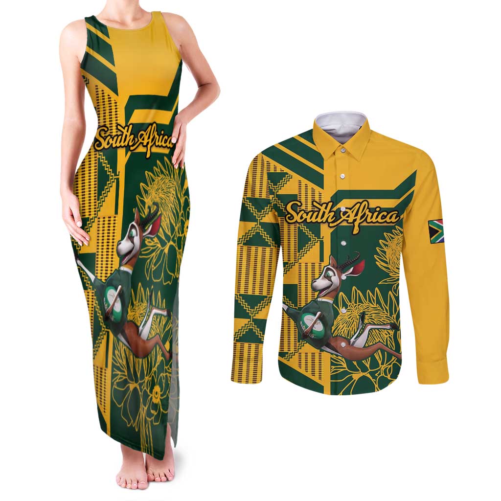 Custom South Africa Rugby Couples Matching Tank Maxi Dress and Long Sleeve Button Shirt Springboks With Protea Cynaroides - Wonder Print Shop