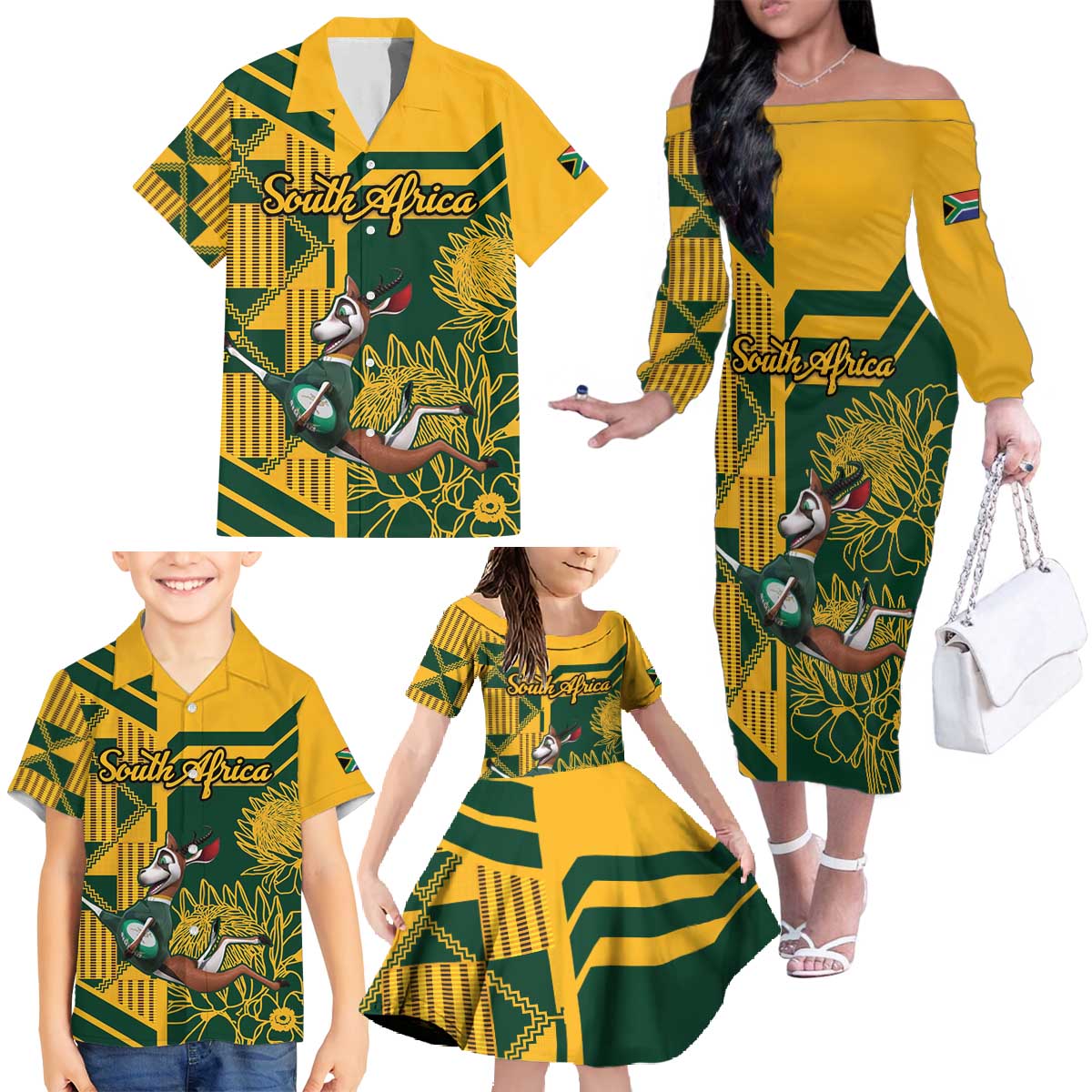 Custom South Africa Rugby Family Matching Off The Shoulder Long Sleeve Dress and Hawaiian Shirt Springboks With Protea Cynaroides - Wonder Print Shop