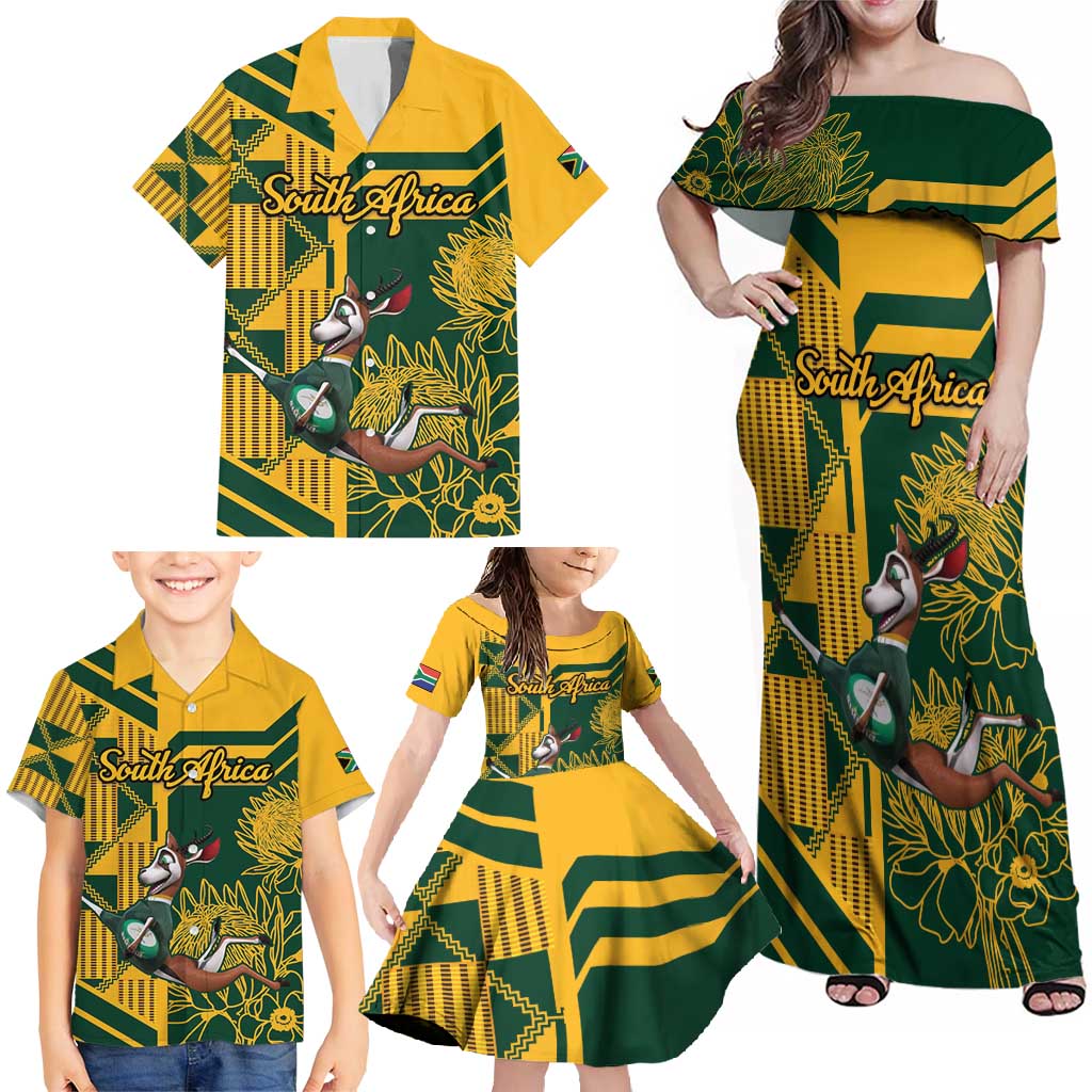 Custom South Africa Rugby Family Matching Off Shoulder Maxi Dress and Hawaiian Shirt Springboks With Protea Cynaroides - Wonder Print Shop