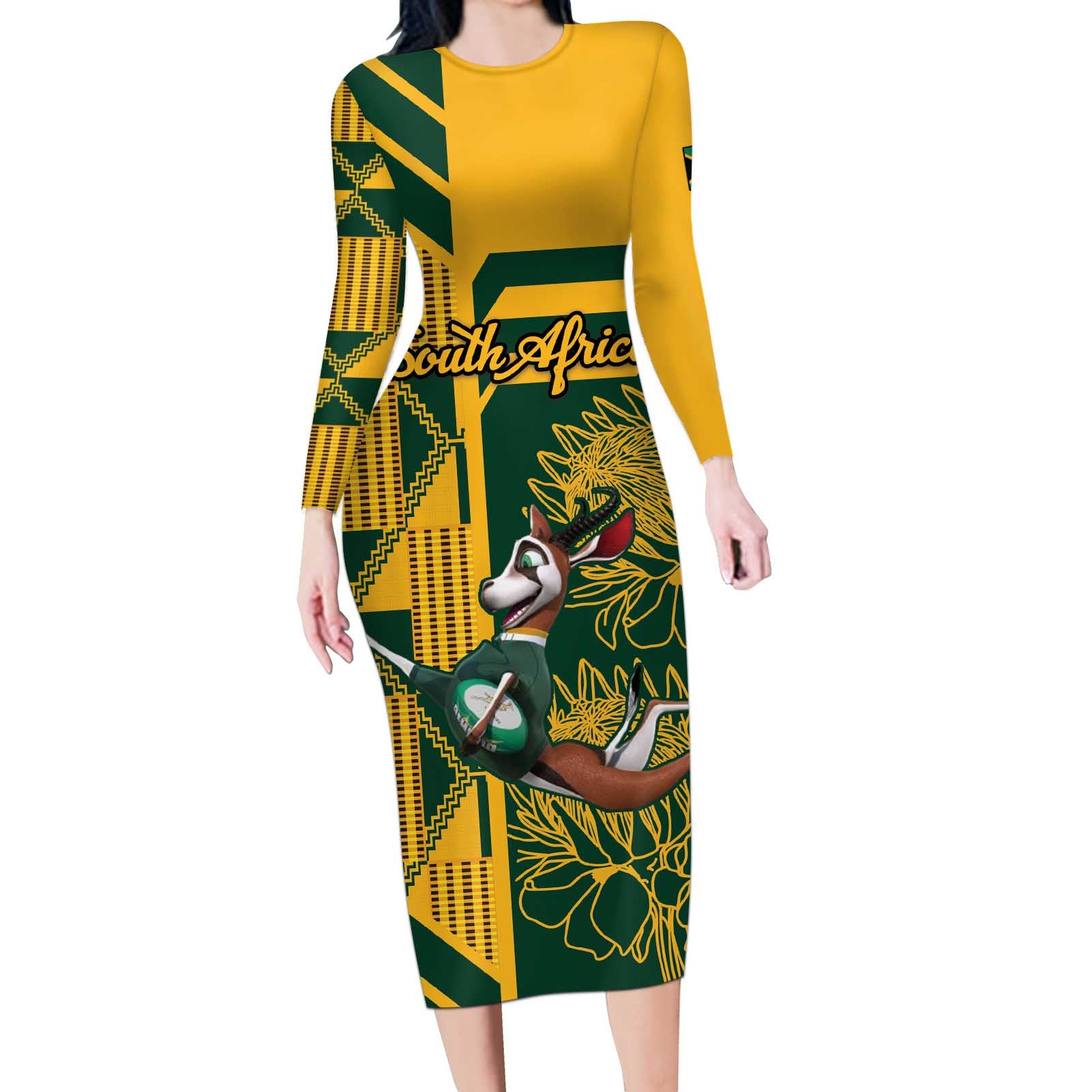 Custom South Africa Rugby Long Sleeve Bodycon Dress Springboks With Protea Cynaroides - Wonder Print Shop