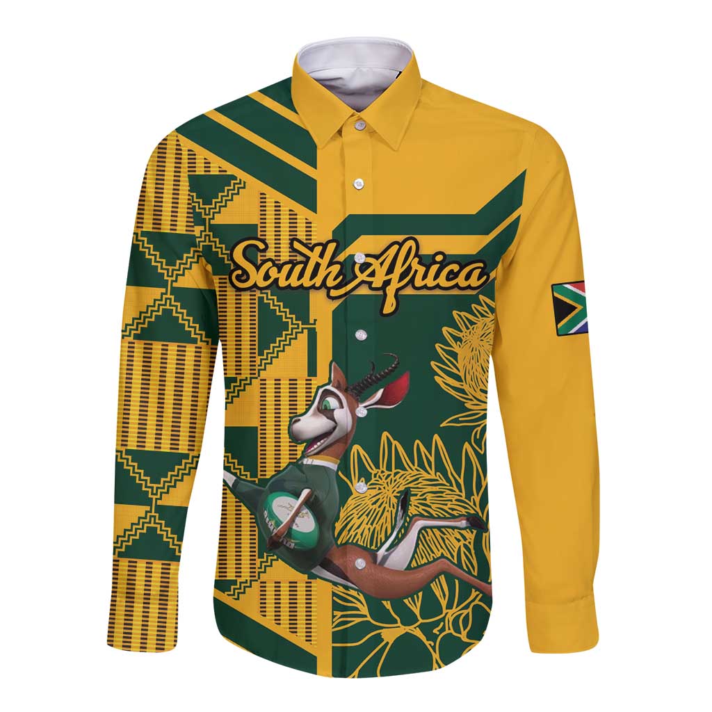 Custom South Africa Rugby Long Sleeve Button Shirt Springboks With Protea Cynaroides - Wonder Print Shop