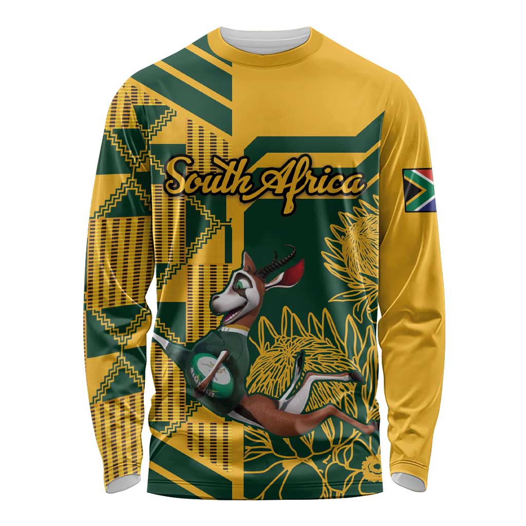 Custom South Africa Rugby Long Sleeve Shirt Springboks With Protea Cynaroides - Wonder Print Shop