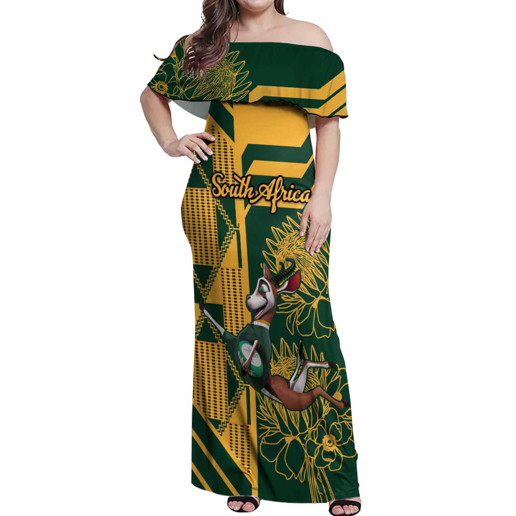 Custom South Africa Rugby Off Shoulder Maxi Dress Springboks With Protea Cynaroides - Wonder Print Shop