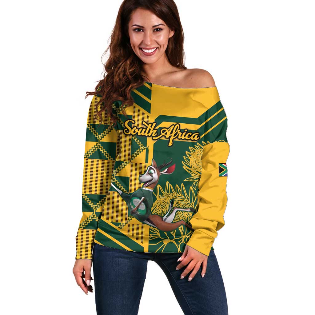 Custom South Africa Rugby Off Shoulder Sweater Springboks With Protea Cynaroides - Wonder Print Shop