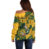 Women’s off-shoulder sweater back, yellow/green print, 'Your Text 00'