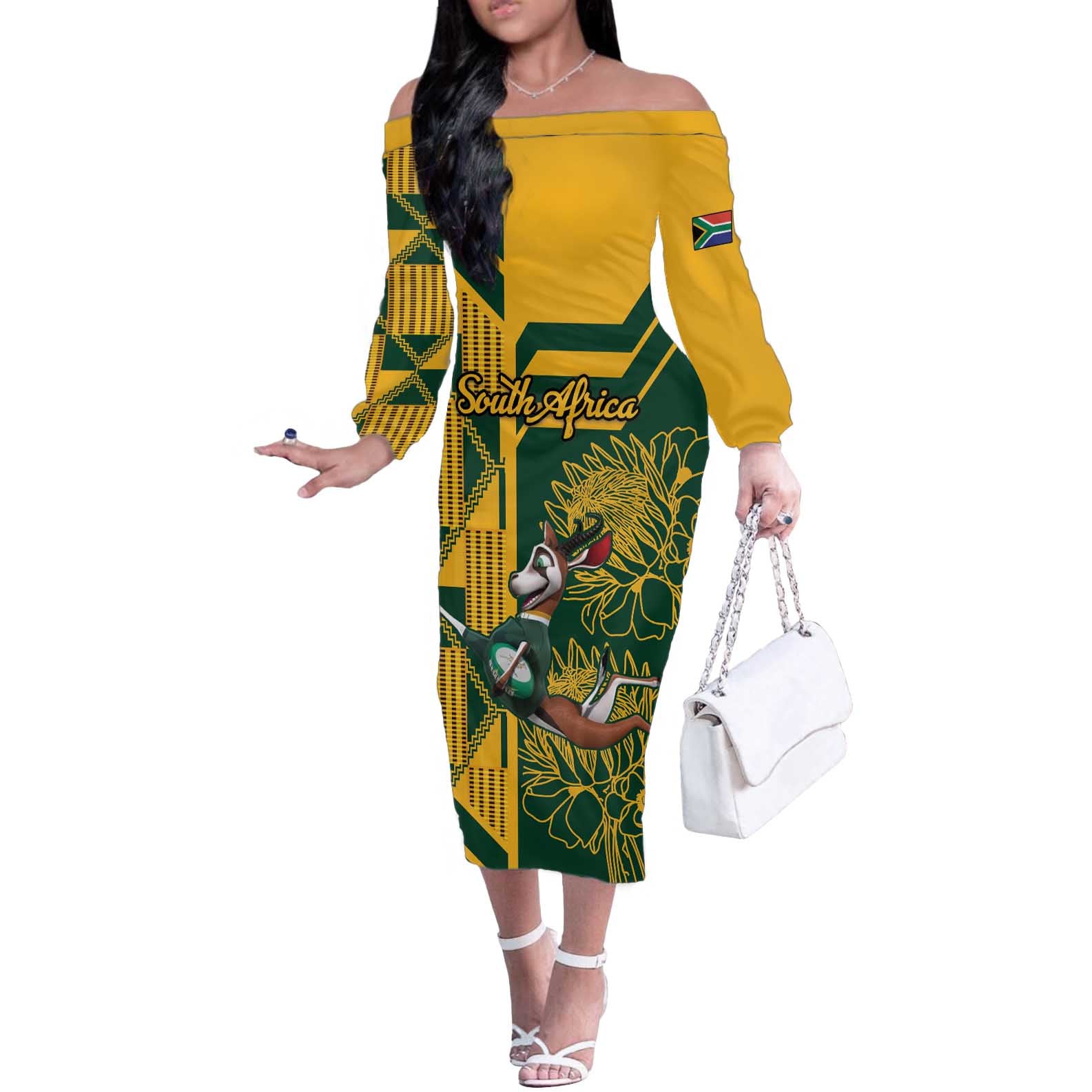 Custom South Africa Rugby Off The Shoulder Long Sleeve Dress Springboks With Protea Cynaroides - Wonder Print Shop