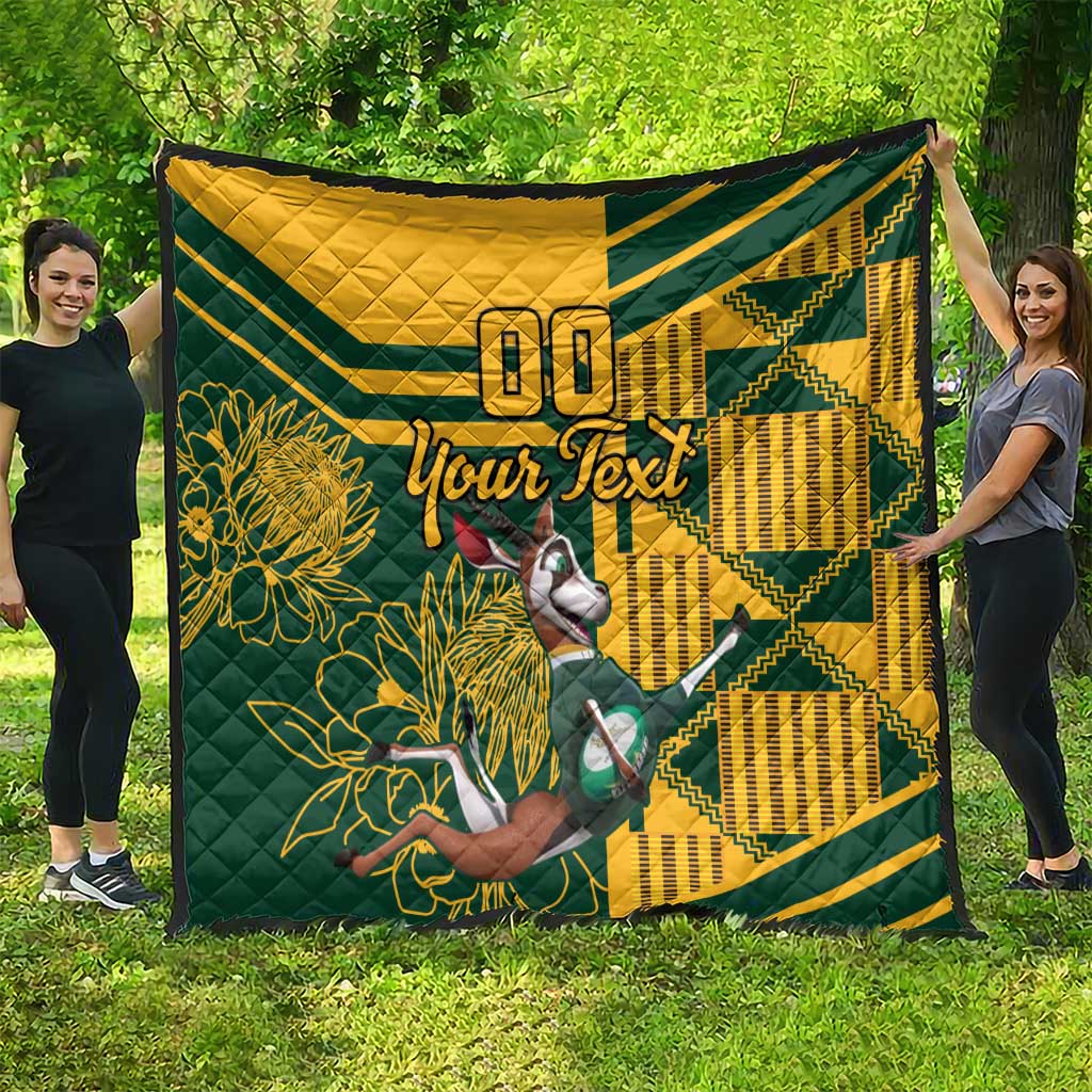 Custom South Africa rugby quilt with yellow-and-green geometric pattern, floral and “Your Text”