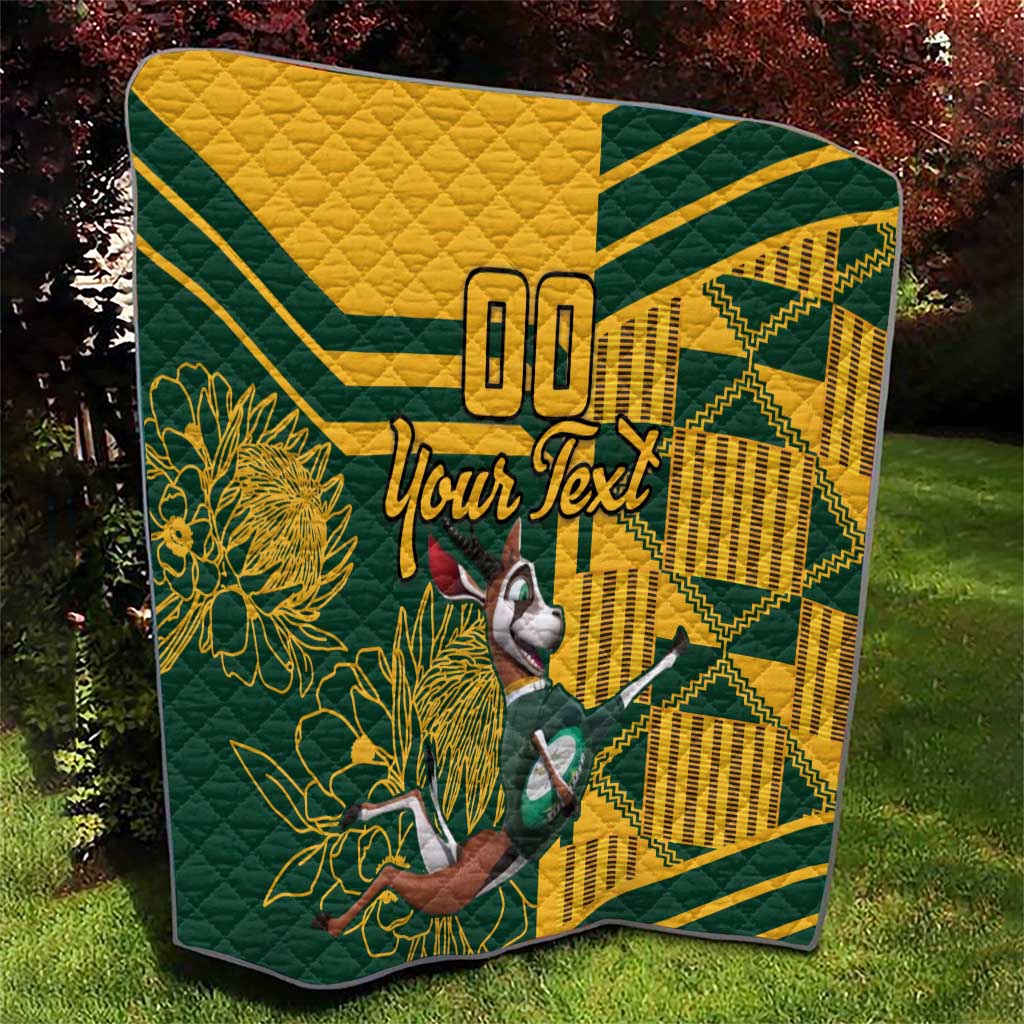 Custom South Africa rugby quilt outdoors, yellow-and-green geometric pattern with floral and animal