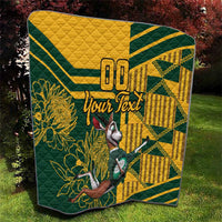 Custom South Africa rugby quilt outdoors, yellow-and-green geometric pattern with floral and animal