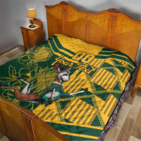 Custom South Africa rugby quilt on wooden bed, yellow-and-green geometric pattern and floral