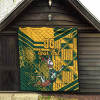 Custom South Africa rugby quilt hanging indoors, yellow-and-green geometric design with “Your Text”