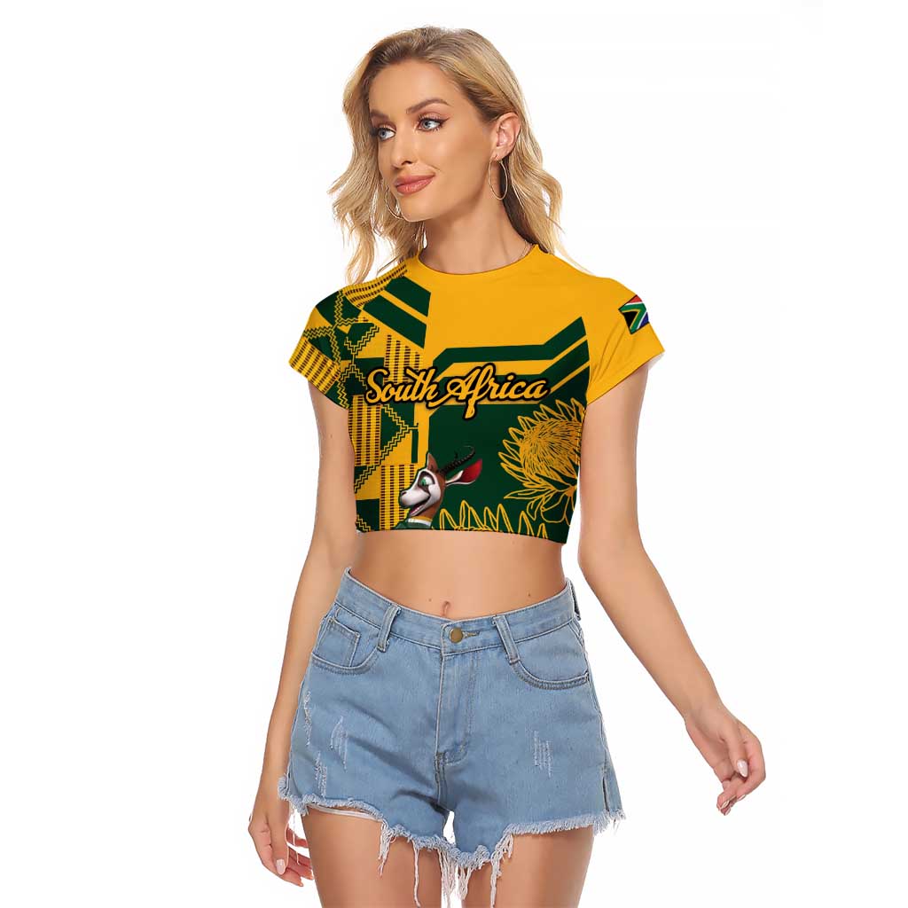 Custom South Africa Rugby Raglan Cropped T Shirt Springboks With Protea Cynaroides - Wonder Print Shop