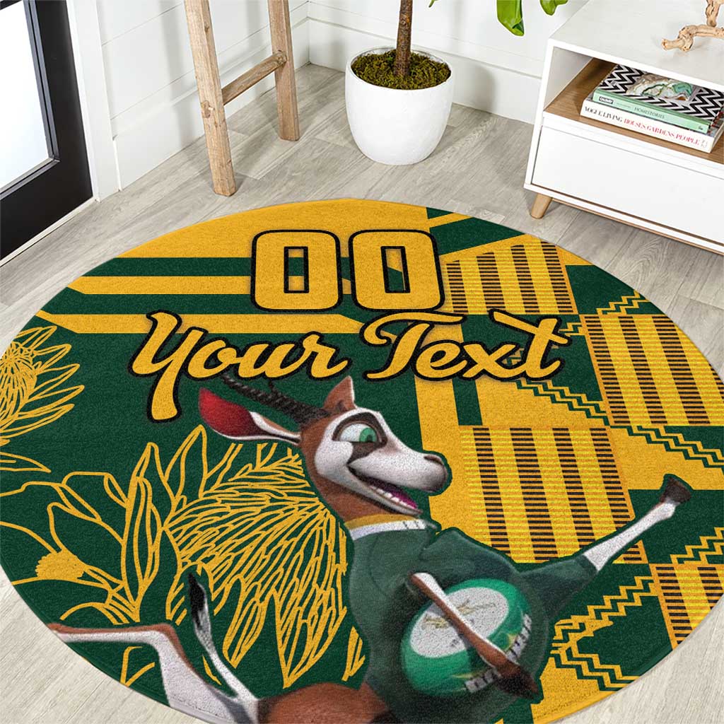 Round rugby carpet with bold yellow green graphics, “Your Text,” and mascot illustration