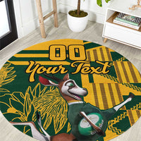 Round rugby carpet with bold yellow green graphics, “Your Text,” and mascot illustration