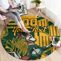 Round rugby carpet with yellow green pattern, “Your Text,” and mascot faces and clubs