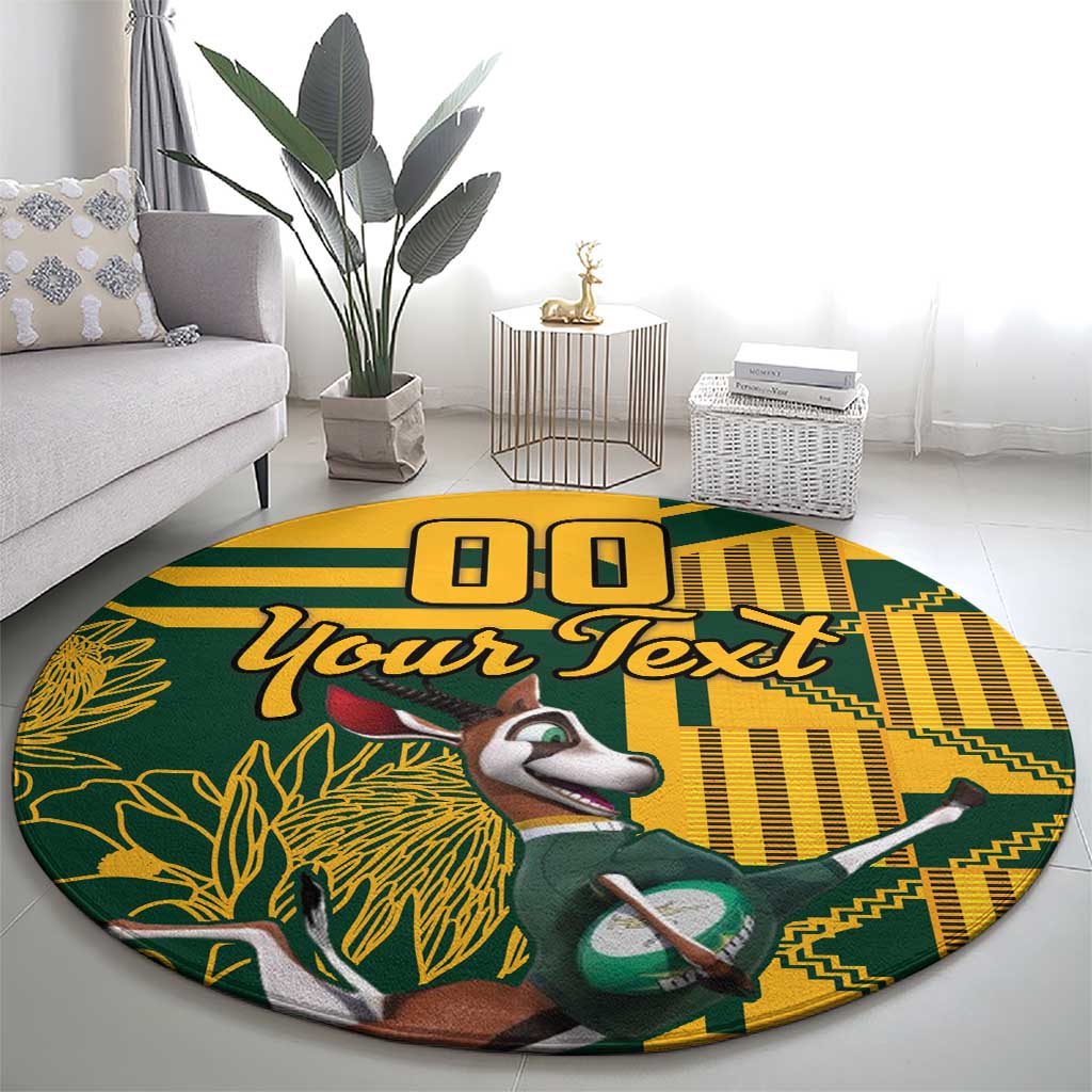 Round rugby carpet featuring yellow and green blocks, “Your Text,” and mascot artwork
