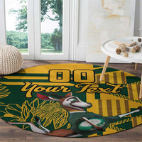 Round rugby carpet in yellow and green with “Your Text” lettering and animal mascot