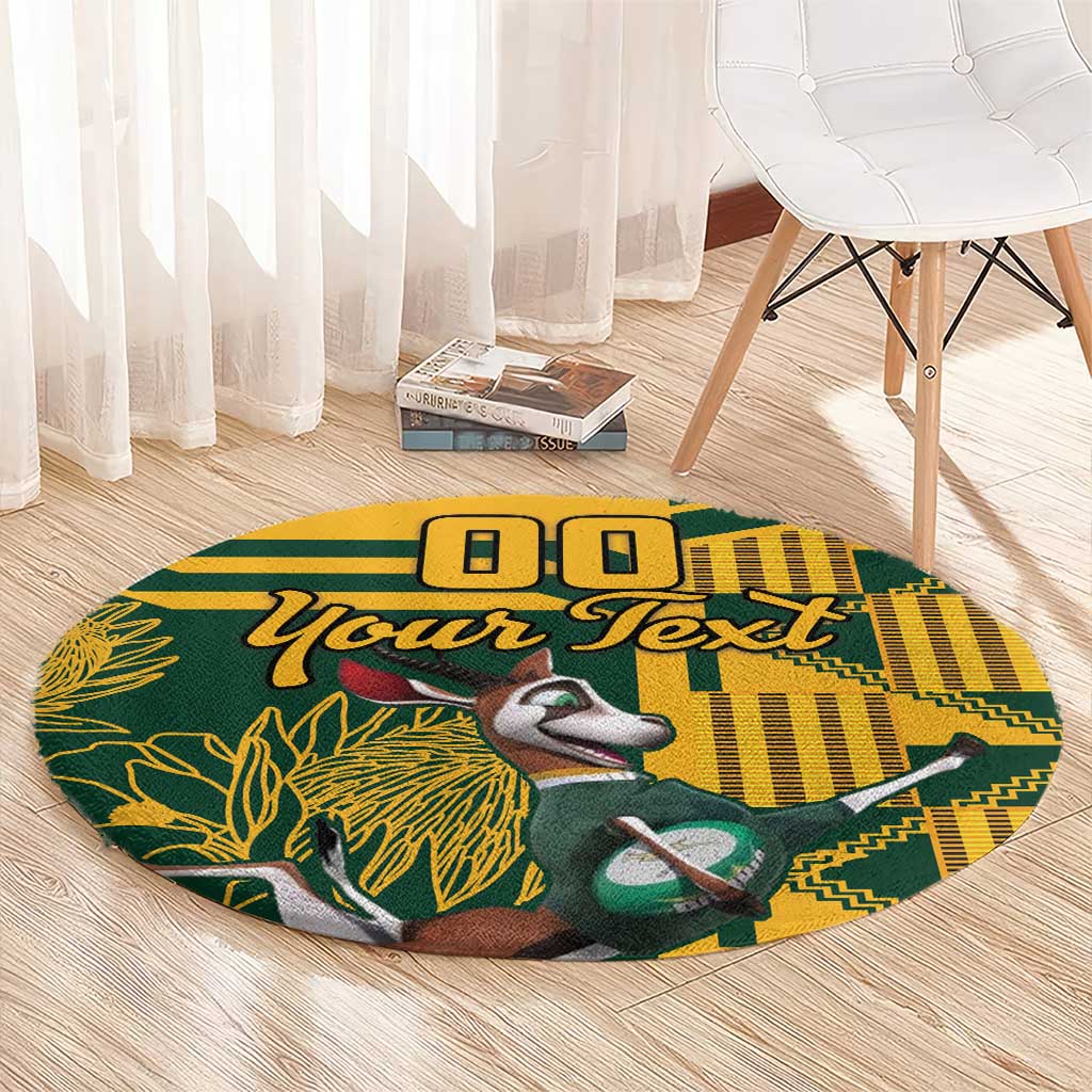 Round rugby carpet with yellow green design, “Your Text,” and mascot in patterned scenery