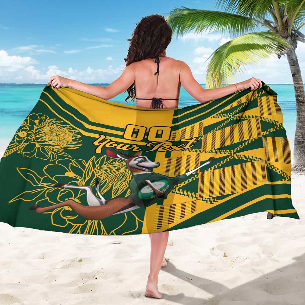 South Africa rugby sarong, dark green and yellow with “Your Text” and rugby-themed illustrations