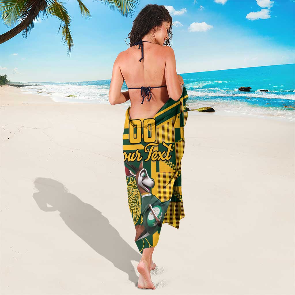 South Africa rugby sarong in dark green and yellow with animal and “Your Text” print