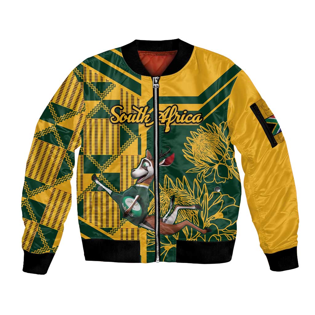 Custom South Africa Rugby Sleeve Zip Bomber Jacket Springboks With Protea Cynaroides - Wonder Print Shop