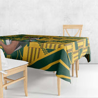 Green and yellow geometric rugby tablecloth with springbok-themed graphic