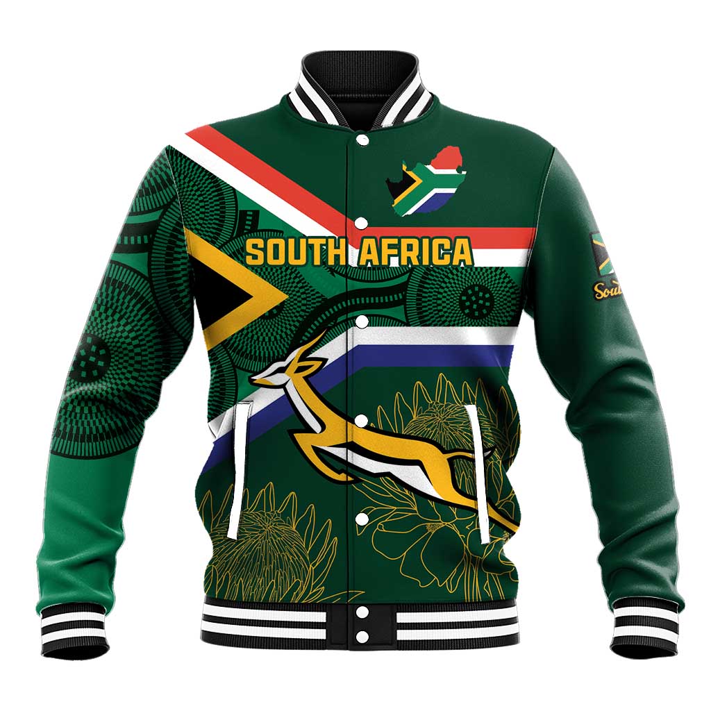Unisex green baseball varsity jacket, ribbed collar, striped cuffs; South Africa flag and mascot