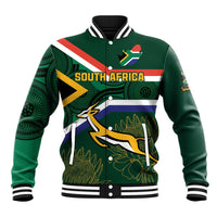 Unisex green baseball varsity jacket, ribbed collar, striped cuffs; South Africa flag and mascot
