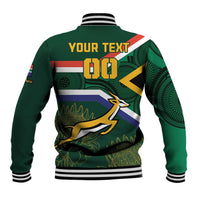 Unisex green baseball varsity jacket with ribbed collar and striped cuffs; 'YOUR TEXT' back