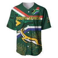 Green V-neck button baseball jersey with SOUTH AFRICA text, springbok graphic and plants