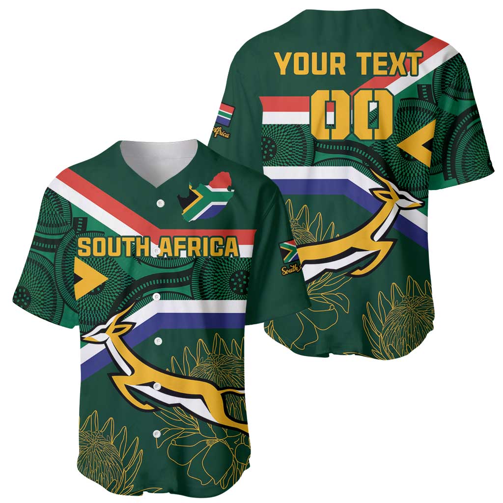 Green V-neck button baseball jersey with SOUTH AFRICA text, flag stripe and springbok
