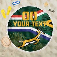 Round South Africa rugby beach blanket with Springbok mascot and fringe edge, green multicolor