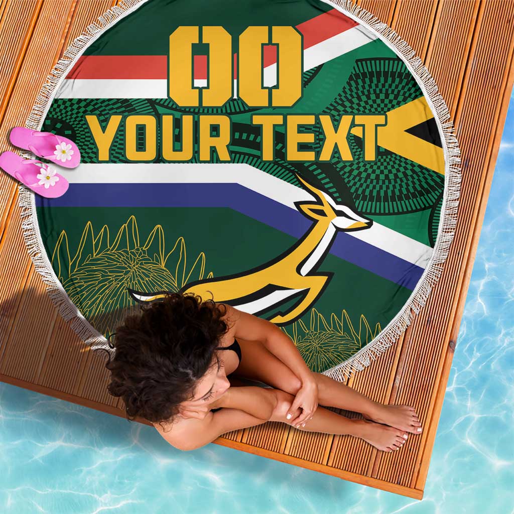 Round South Africa rugby beach blanket with Springbok mascot, fringe border and custom text