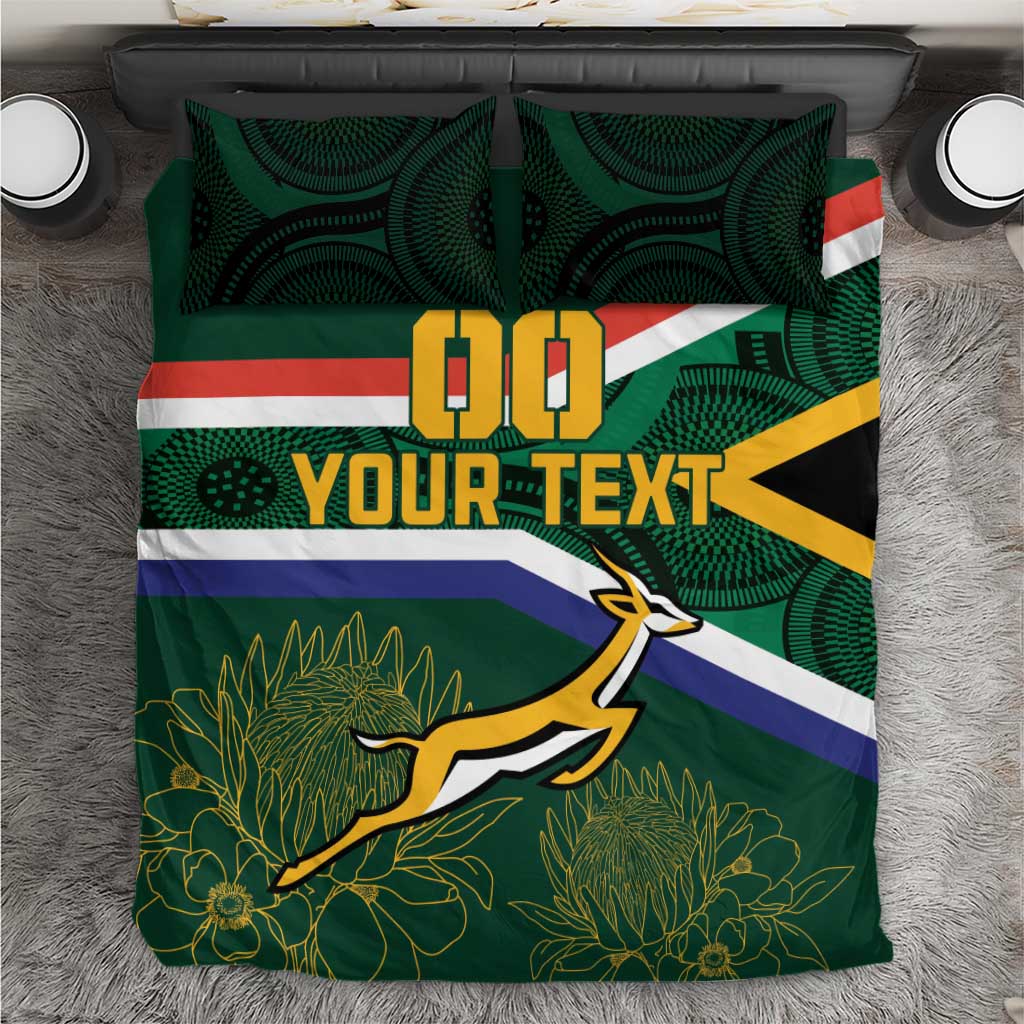 Close-up green rugby duvet cover with flag stripes, springbok mascot, and two pillowcases