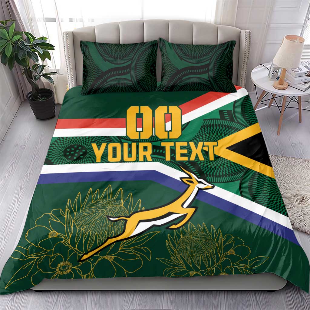 Green rugby bedding set with flag stripes and springbok graphic, two decorative pillow shams