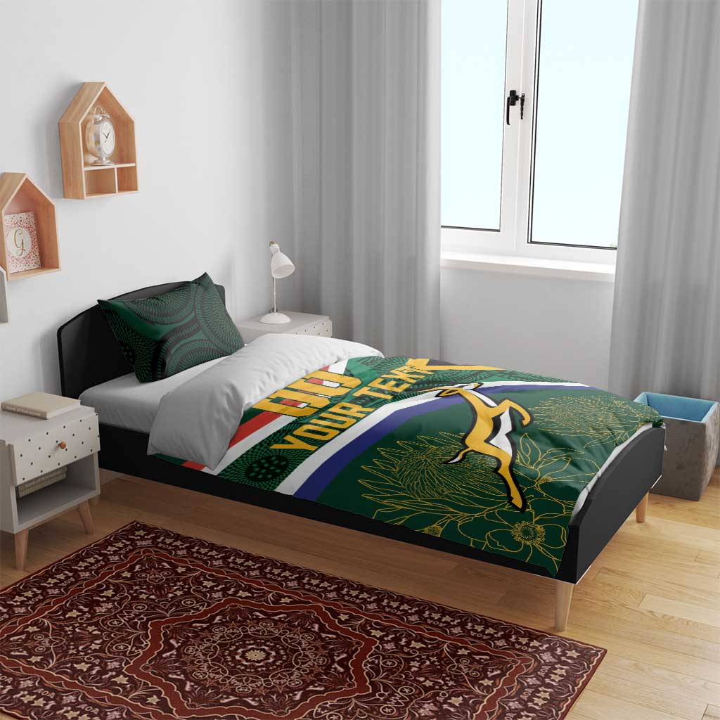 Green rugby duvet with flag stripes and springbok mascot, plus two patterned pillow shams