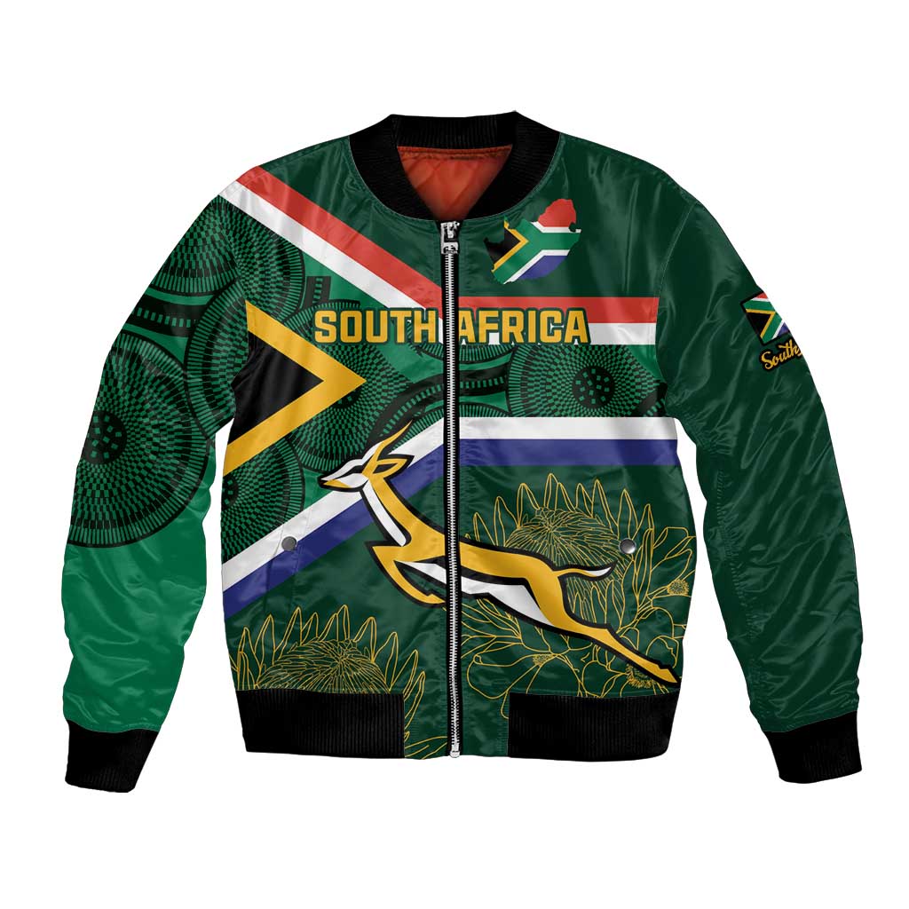 Green bomber jacket with zip front, South Africa stripe, wildlife graphic, ribbed hem