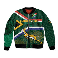 Green bomber jacket with zip front, South Africa stripe, wildlife graphic, ribbed hem