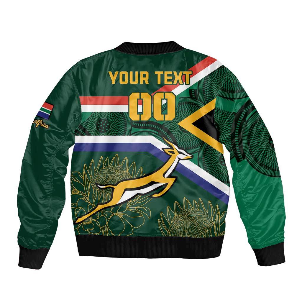 Green bomber jacket with zip front, YOUR TEXT 18, flag stripe, wildlife graphic, ribbed cuffs