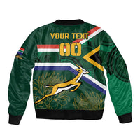 Green bomber jacket with zip front, YOUR TEXT 18, flag stripe, wildlife graphic, ribbed cuffs
