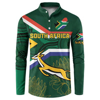 Green button henley sweatshirt with South Africa flag and rugby mascot graphic