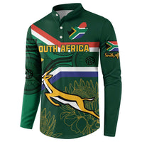 Green button henley sweatshirt, South Africa flag stripe front and flag patch sleeve
