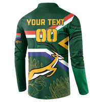 Green back button henley with 'YOUR TEXT' and '100', rugby mascot and flag