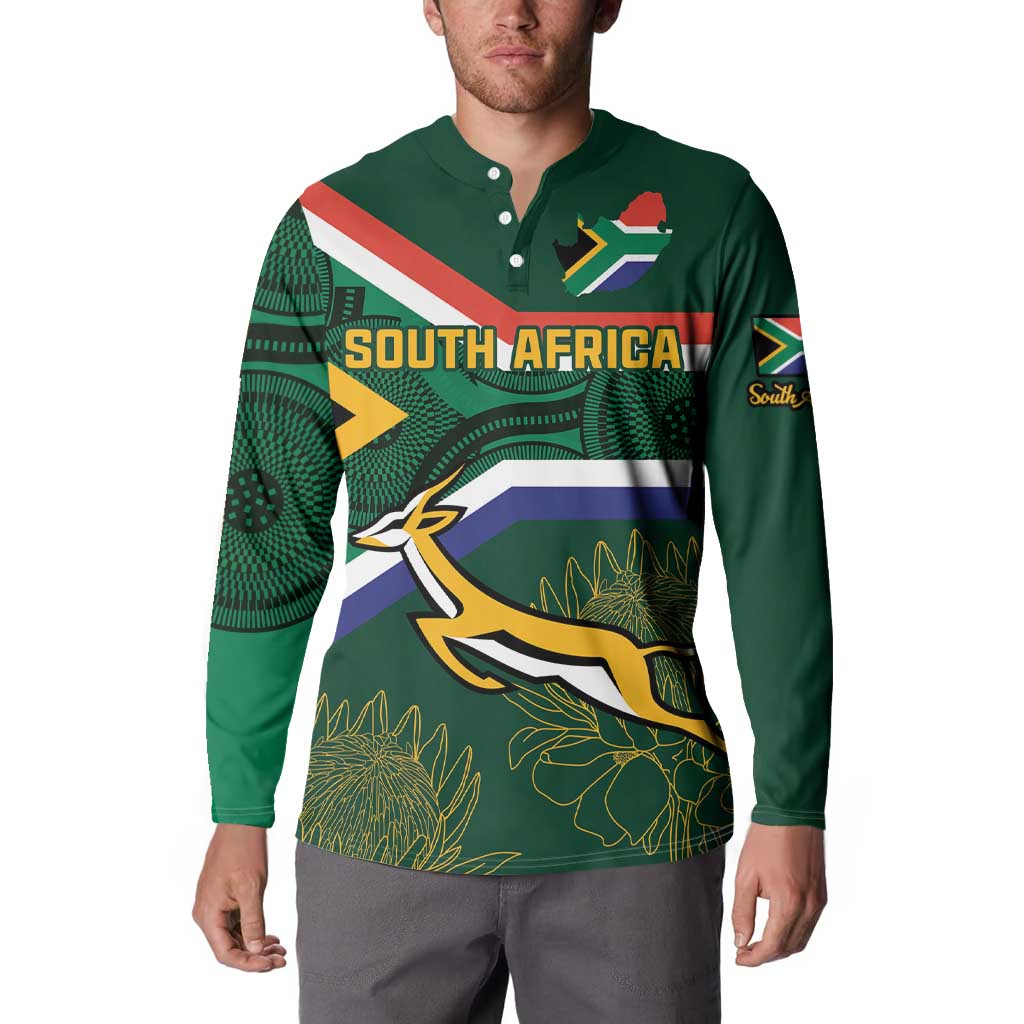 Green button henley sweatshirt with South Africa flag stripe, 'SOUTH AFRICA' text
