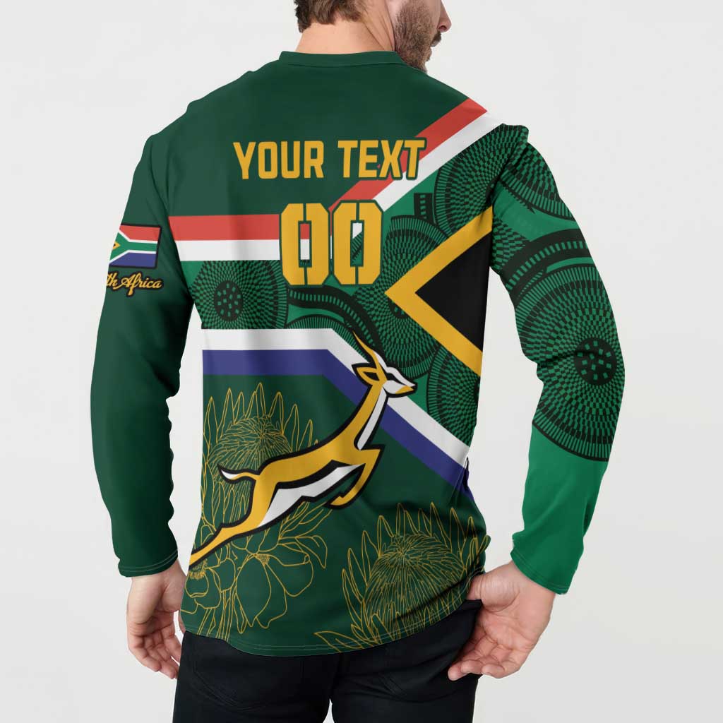 Green back button henley with 'YOUR TEXT' and large '100' over flag and mascot art